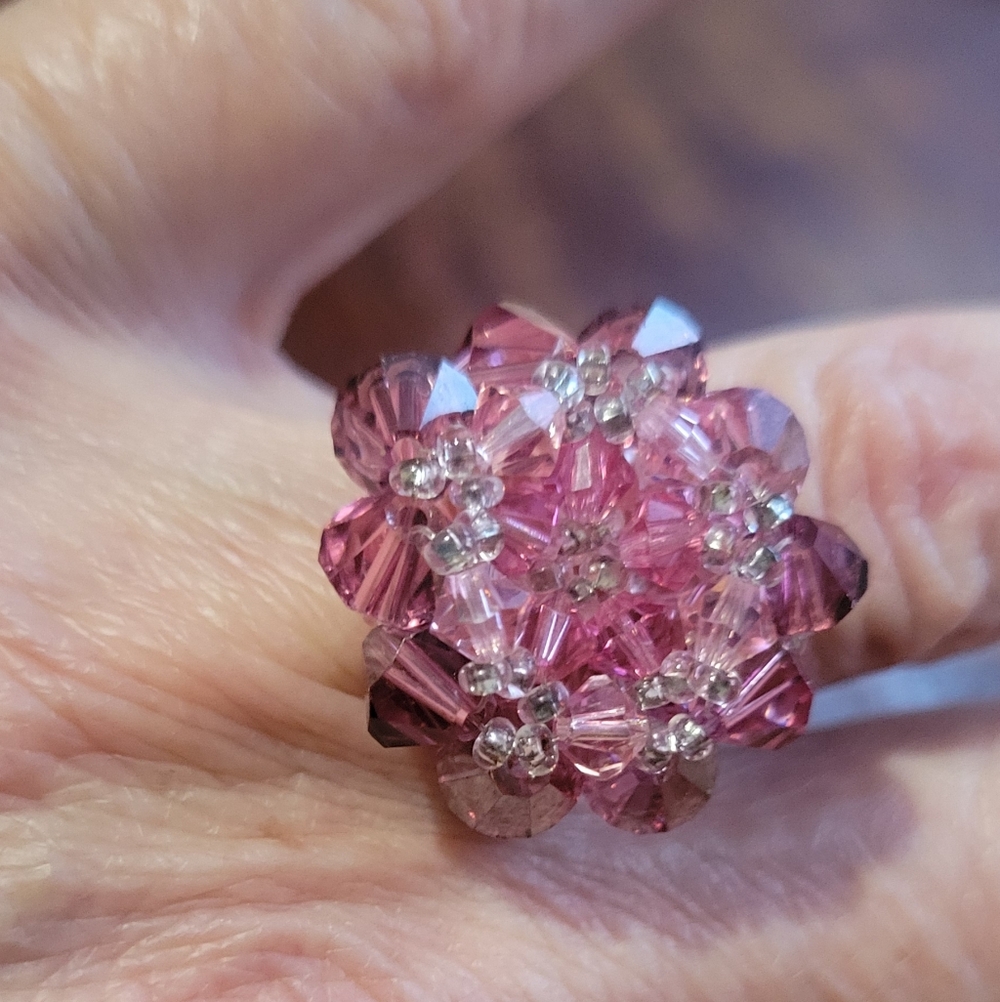 Vintage  Pink Crystal Hand Made Flower Ring size 6